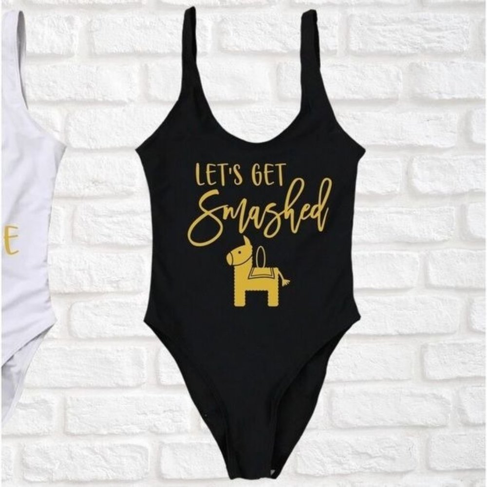 Let’s get smashed funny Pinata black one piece bathing suit swimwear swimsuit l